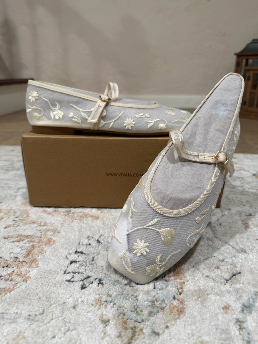 Vivaia Margot Mary Jane Cream French Floral Flats